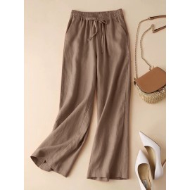 Women Solid Drawstring Waist Cotton Casual Straight Pants Women Solid Drawstring Waist Cotton Casual Straight Pants