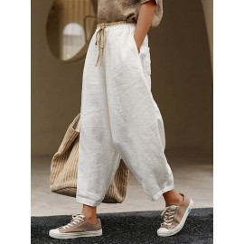 Women Plain Texture Contrast Drawstring Waist Cotton Pants Women Plain Texture Contrast Drawstring Waist Cotton Pants