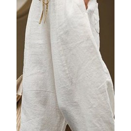 Women Plain Texture Contrast Drawstring Waist Cotton Pants