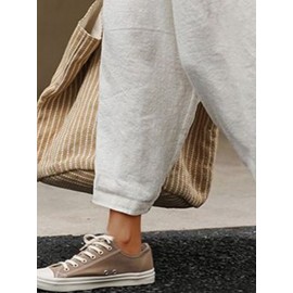 Women Plain Texture Contrast Drawstring Waist Cotton Pants