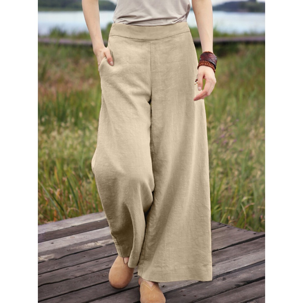 Women Solid Color Cotton Casual Wide Leg Pants Women Solid Color Cotton Casual Wide Leg Pants