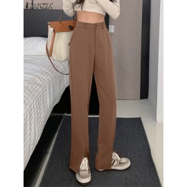 Solid High Waist Pocket Double Slit Hem Tailored Pants Solid High Waist Pocket Double Slit Hem Tailored Pants