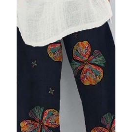 Women Colorful Floral Print Irregular Cuff Cropped Pants