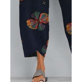 Women Colorful Floral Print Irregular Cuff Cropped Pants