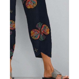 Women Colorful Floral Print Irregular Cuff Cropped Pants