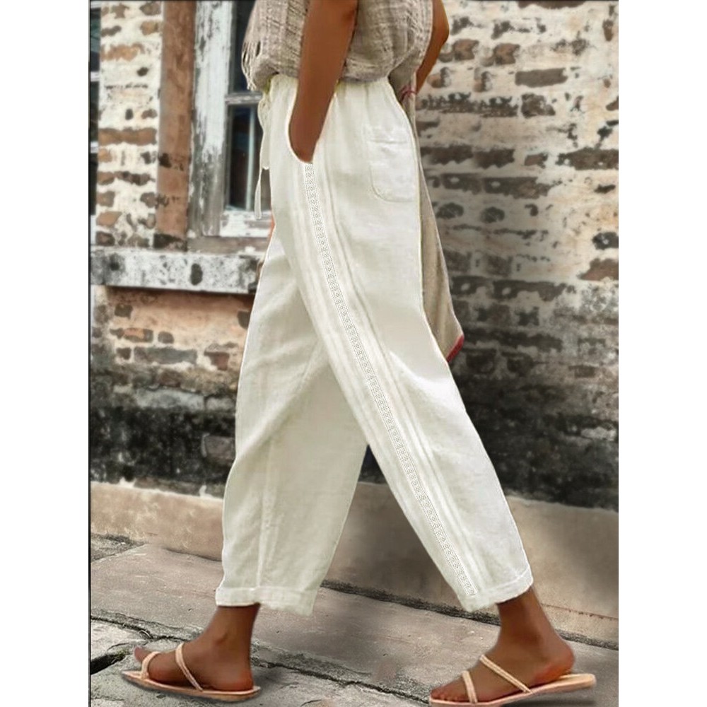 Women Side Lace Splice Cotton Casual Cropped Pants