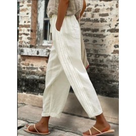 Women Side Lace Splice Cotton Casual Cropped Pants Women Side Lace Splice Cotton Casual Cropped Pants