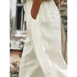 Women Side Lace Splice Cotton Casual Cropped Pants