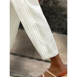 Women Side Lace Splice Cotton Casual Cropped Pants