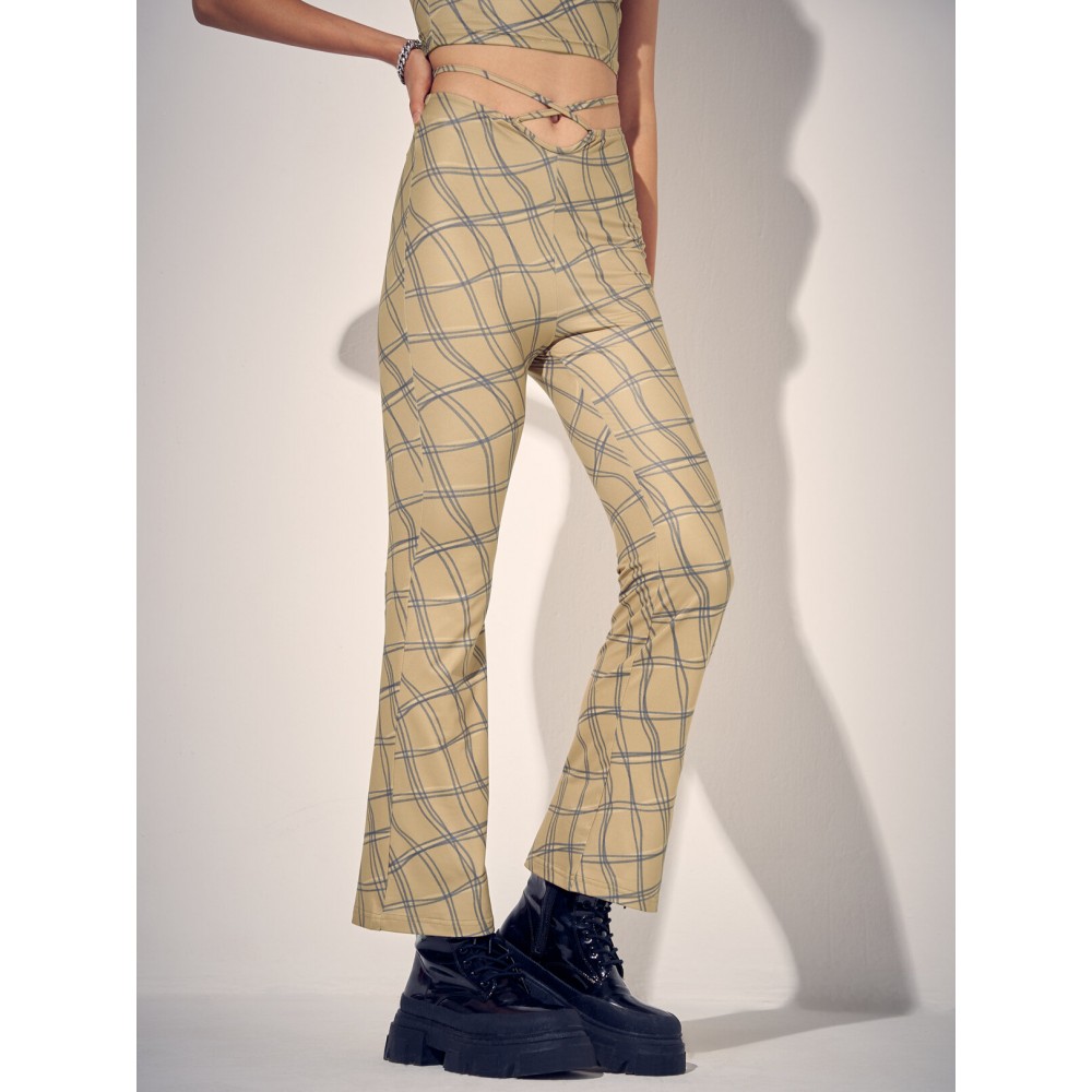 Check Print Tie Waist Hollow Bootcut Leg Pants Check Print Tie Waist Hollow Bootcut Leg Pants