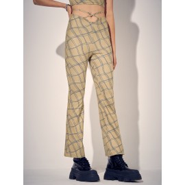 Check Print Tie Waist Hollow Bootcut Leg Pants Check Print Tie Waist Hollow Bootcut Leg Pants