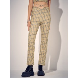 Check Print Tie Waist Hollow Bootcut Leg Pants Check Print Tie Waist Hollow Bootcut Leg Pants