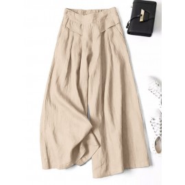 Women Plain Casual Cotton Wide Leg Pants With Pocket