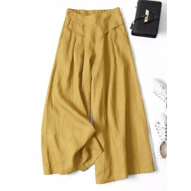 Women Plain Casual Cotton Wide Leg Pants With Pocket