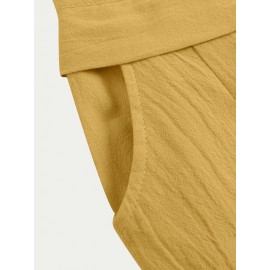 Women Plain Casual Cotton Wide Leg Pants With Pocket