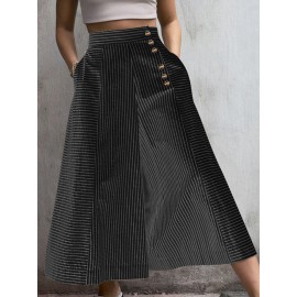 Striped Print Button Culottes For Women
