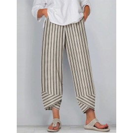 Women Striped Irregular Cuff Casual Cropped Pants Women Striped Irregular Cuff Casual Cropped Pants