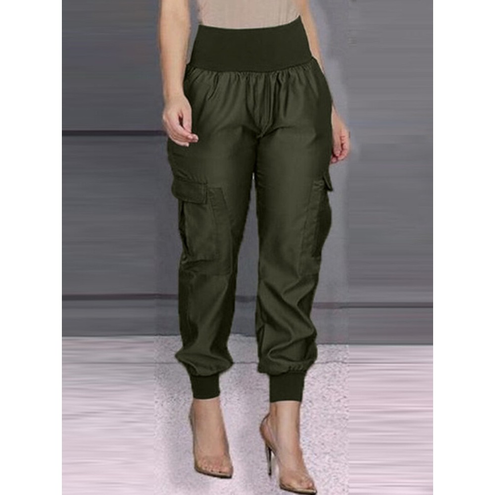 Women Solid High Waist Casual Cargo Pants With Pocket Women Solid High Waist Casual Cargo Pants With Pocket