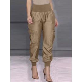 Women Solid High Waist Casual Cargo Pants With Pocket Women Solid High Waist Casual Cargo Pants With Pocket