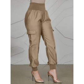 Women Solid High Waist Casual Cargo Pants With Pocket Women Solid High Waist Casual Cargo Pants With Pocket