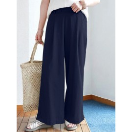 Solid Elastic Waist Back Pocket Wide Leg Casual Pants Solid Elastic Waist Back Pocket Wide Leg Casual Pants