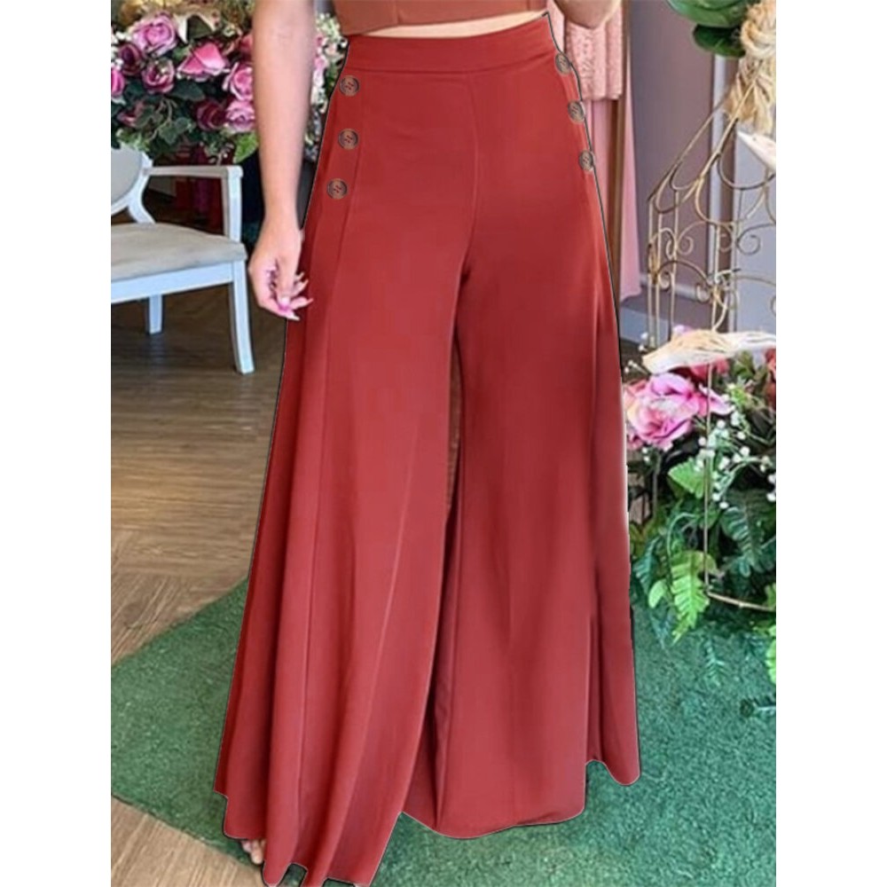 Women Solid Side Button Design Casual Wide Leg Pants Women Solid Side Button Design Casual Wide Leg Pants