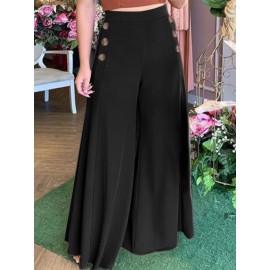 Women Solid Side Button Design Casual Wide Leg Pants Women Solid Side Button Design Casual Wide Leg Pants