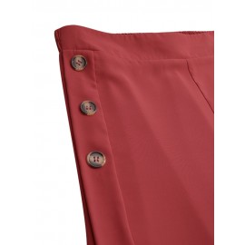 Women Solid Side Button Design Casual Wide Leg Pants Women Solid Side Button Design Casual Wide Leg Pants