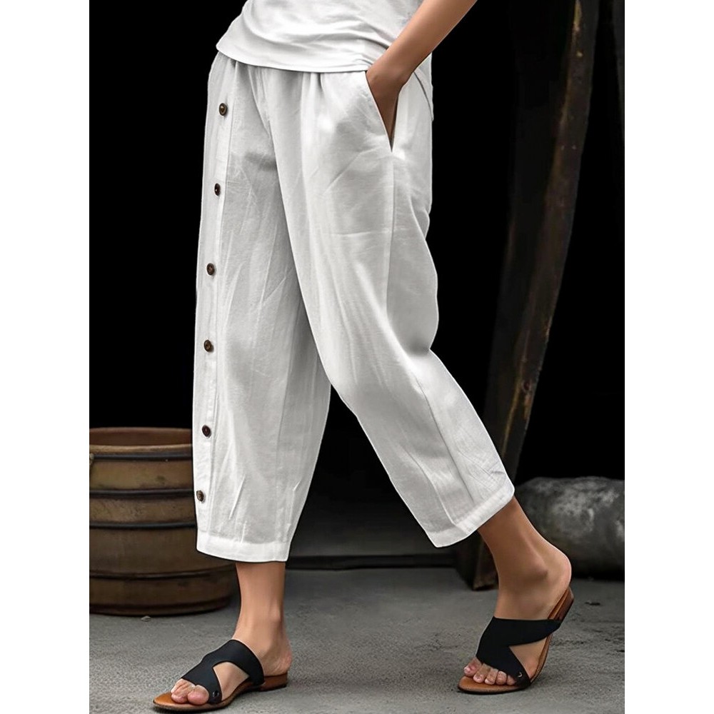 Women Solid Button Design Cotton Casual Cropped Pants Women Solid Button Design Cotton Casual Cropped Pants