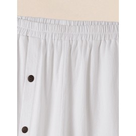Women Solid Button Design Cotton Casual Cropped Pants Women Solid Button Design Cotton Casual Cropped Pants