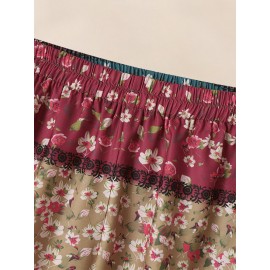 Women Allover Floral Print Patchwork Irregular Cuff Cropped Pants