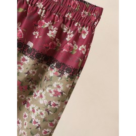 Women Allover Floral Print Patchwork Irregular Cuff Cropped Pants