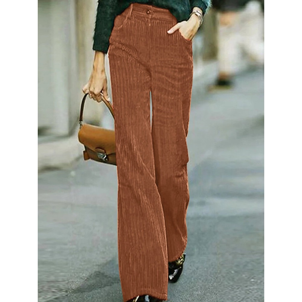 Women Solid Corduroy Casual Straight Pants With Pocket Women Solid Corduroy Casual Straight Pants With Pocket