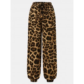 Leopard Print Drawstring Pocket Long Casual Pants for Women