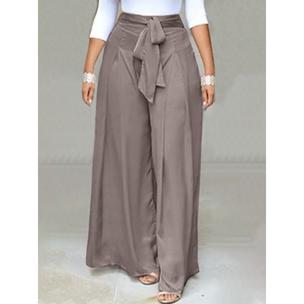 Women Solid Tie Waist Casual Wide Leg Pants With Pocket Women Solid Tie Waist Casual Wide Leg Pants With Pocket