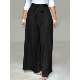 Women Solid Tie Waist Casual Wide Leg Pants With Pocket Women Solid Tie Waist Casual Wide Leg Pants With Pocket