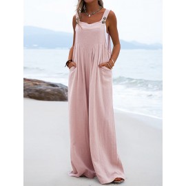 Solid Pocket Sleeveless Square Collar Wide Leg Jumpsuit