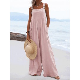 Solid Pocket Sleeveless Square Collar Wide Leg Jumpsuit
