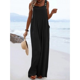 Solid Pocket Sleeveless Square Collar Wide Leg Jumpsuit