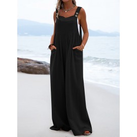 Solid Pocket Sleeveless Square Collar Wide Leg Jumpsuit