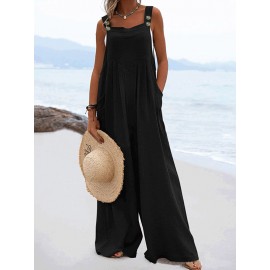 Solid Pocket Sleeveless Square Collar Wide Leg Jumpsuit