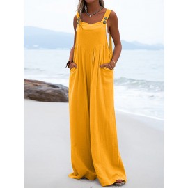 Solid Pocket Sleeveless Square Collar Wide Leg Jumpsuit