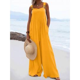 Solid Pocket Sleeveless Square Collar Wide Leg Jumpsuit