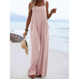 Solid Pocket Sleeveless Square Collar Wide Leg Jumpsuit