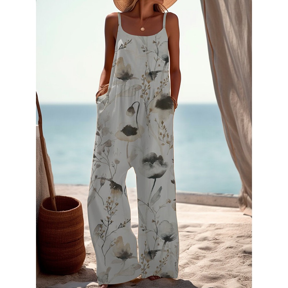 Women Watercolor Floral Plant Print Spaghetti Strap Jumpsuit Women Watercolor Floral Plant Print Spaghetti Strap Jumpsuit