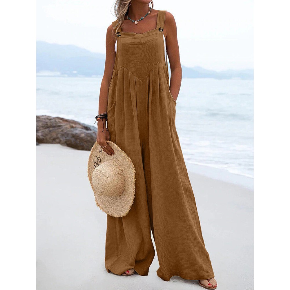 Women Solid Cotton Wide Leg Loose Jumpsuit With Pocket Women Solid Cotton Wide Leg Loose Jumpsuit With Pocket