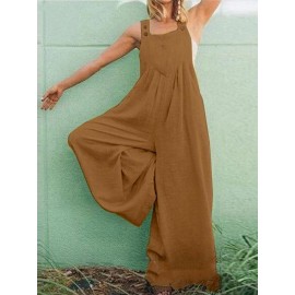 Women Solid Cotton Wide Leg Loose Jumpsuit With Pocket Women Solid Cotton Wide Leg Loose Jumpsuit With Pocket