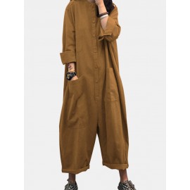 Solid Color Plain Button Pocket Long Sleeve Casual Jumpsuit for Women