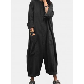 Solid Color Plain Button Pocket Long Sleeve Casual Jumpsuit for Women