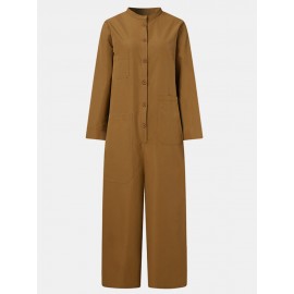 Solid Color Plain Button Pocket Long Sleeve Casual Jumpsuit for Women